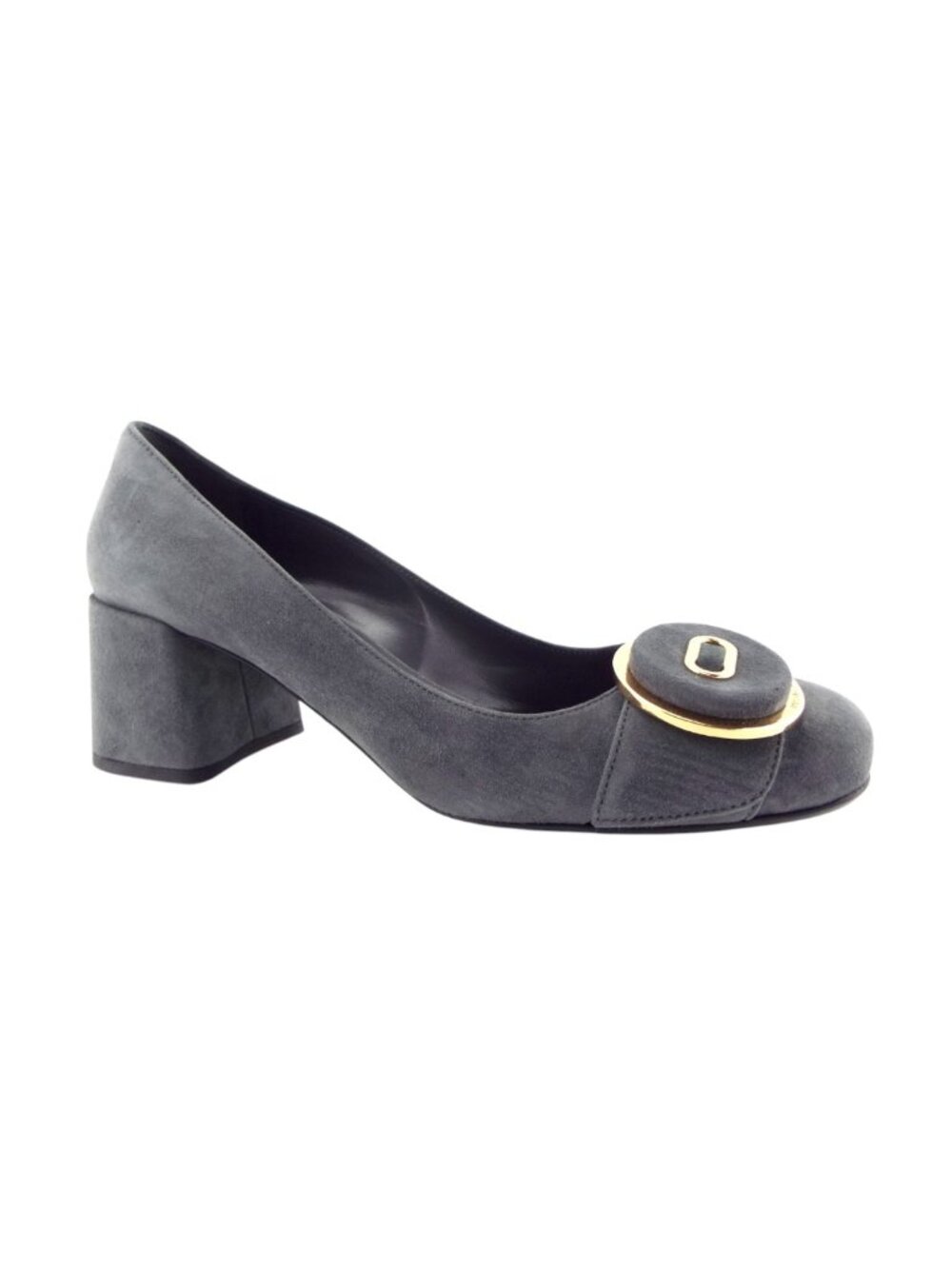 New PRADA Logo Detail Button Accent Ash Gray Suede Leather Block Heel Pumps 36.5